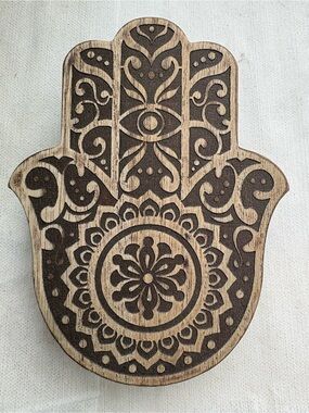 Carved Wooden Hamsa Hand jewelry box in Natural and Dark Brown